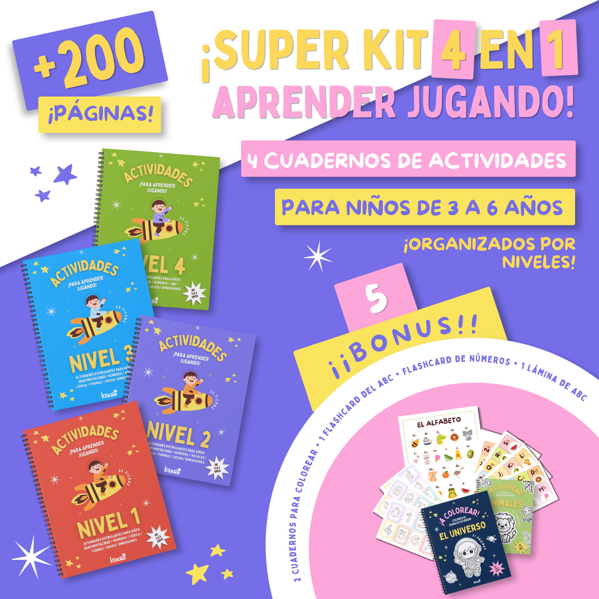 Super Kit Imprimible Preescolar (3 a 6 Años) | 4 Cuadernos Progresivos "Aprender Jugando" + 5 Bonus de Regalo (+200 Páginas)