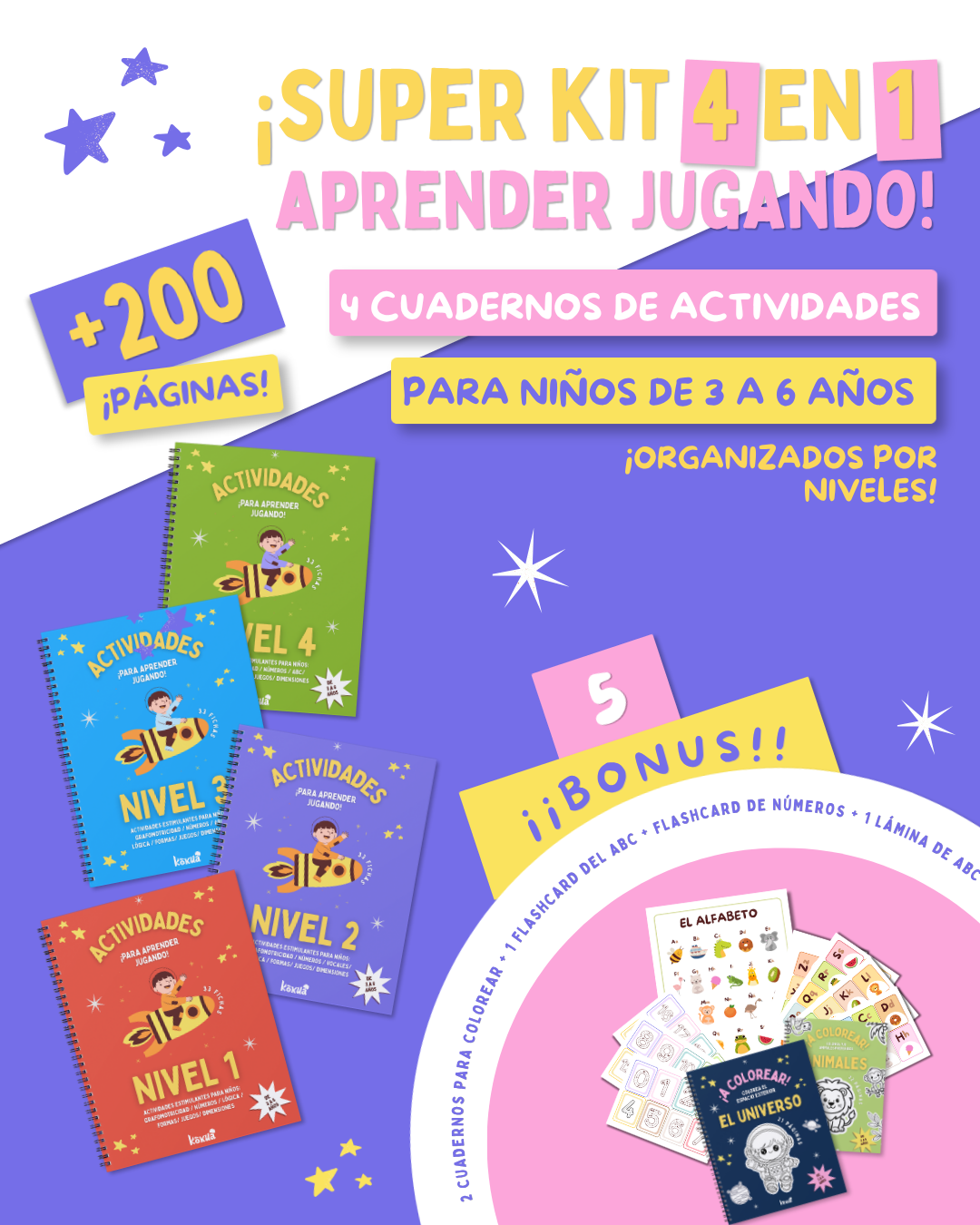 Super Kit Imprimible Preescolar (3 a 6 Años) | 4 Cuadernos Progresivos "Aprender Jugando" + 5 Bonus de Regalo (+200 Páginas)